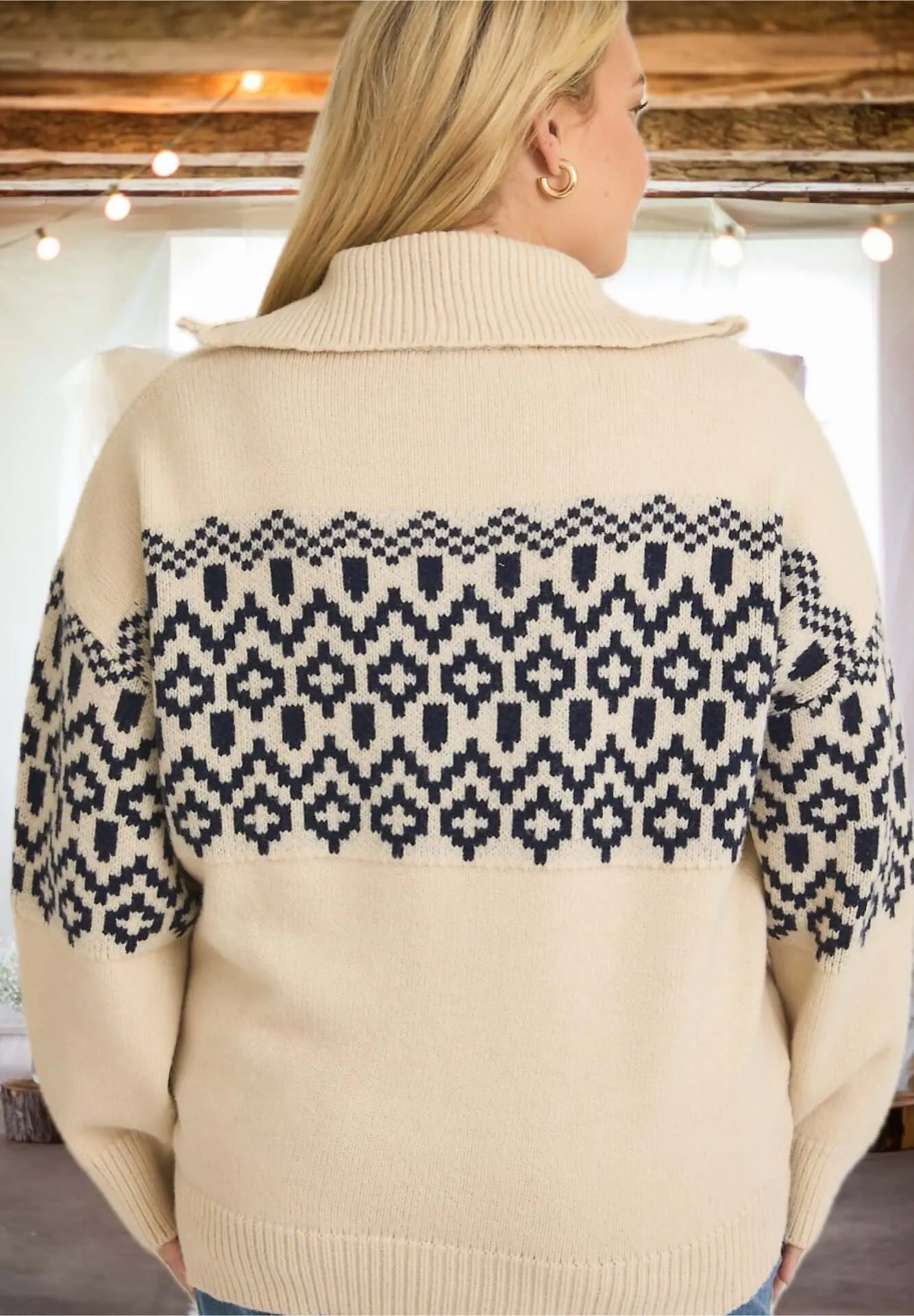 Aspen Dreams Half Zip Sweater in Ivory and Navy - Curvy
