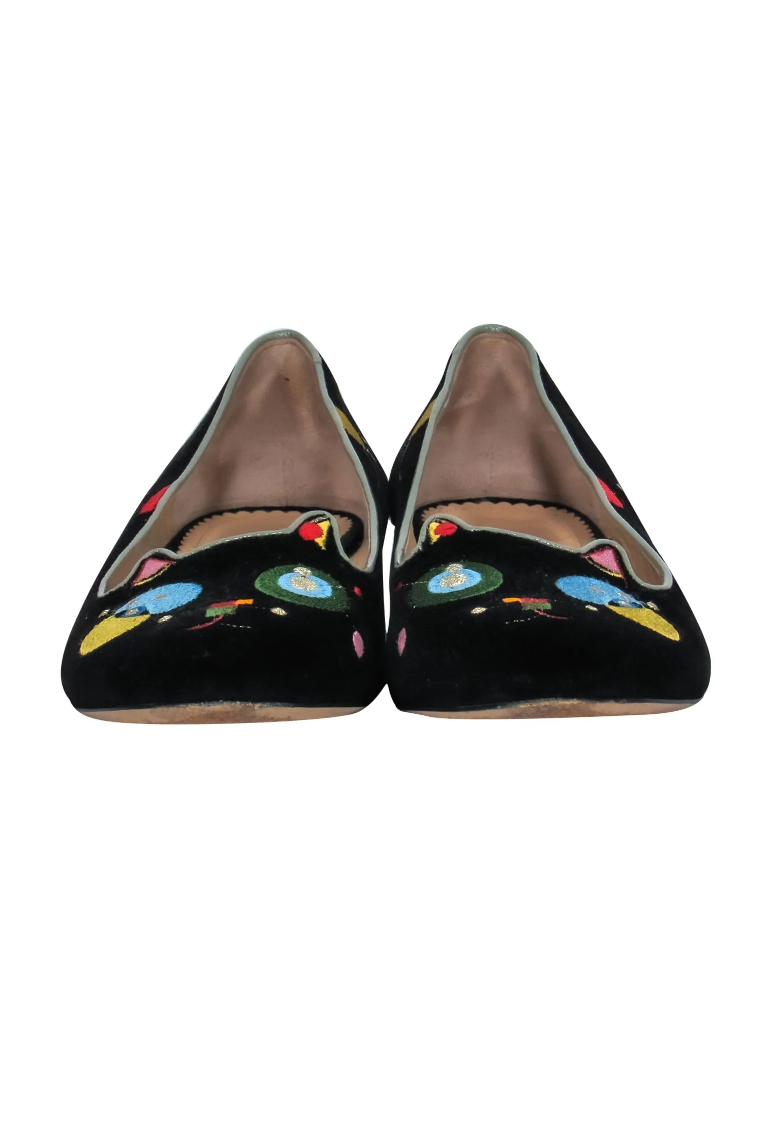 Charlotte Olympia - Black & Multicolor Geometric Embroidered Velvet Cat Loafers Sz 9