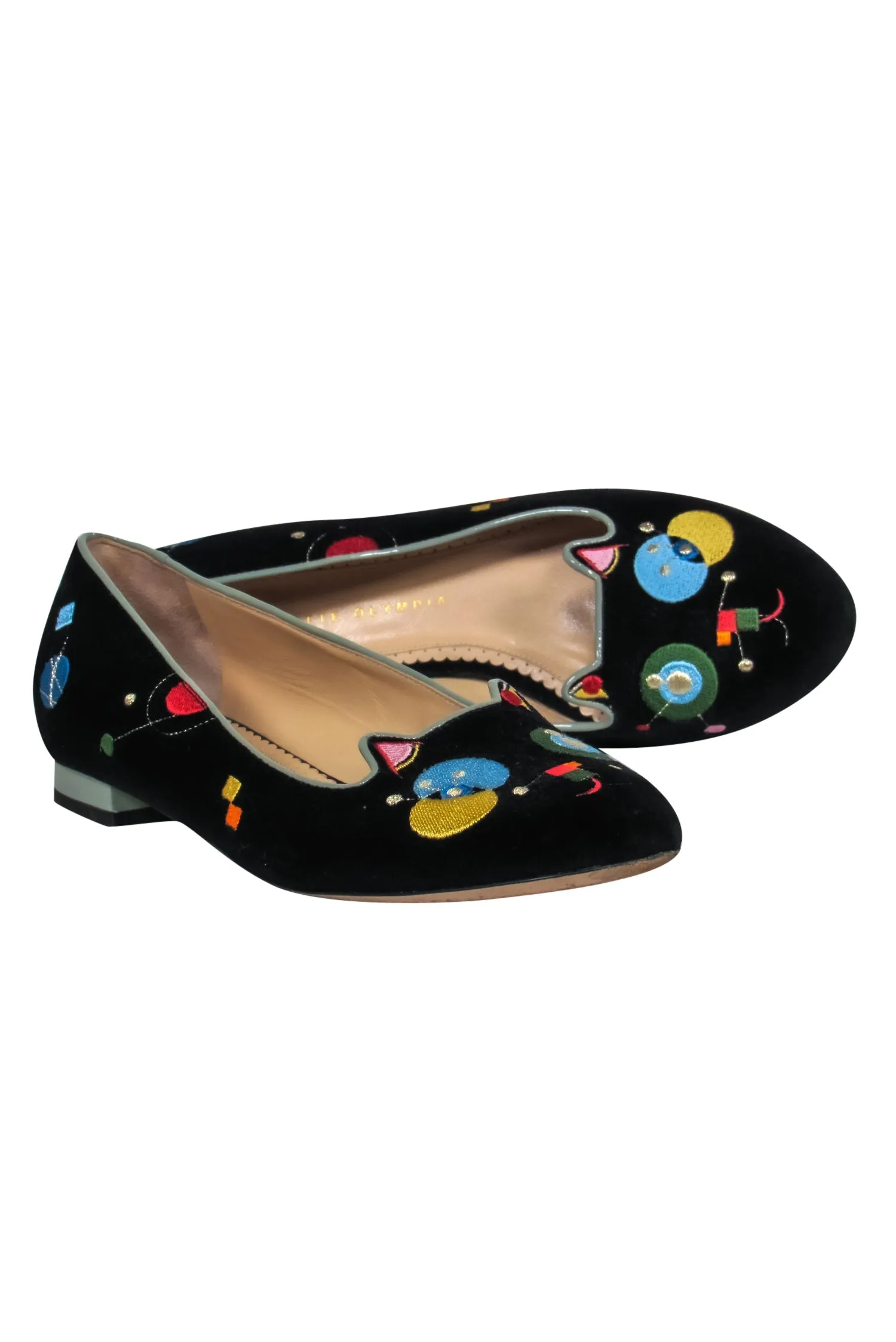Charlotte Olympia - Black & Multicolor Geometric Embroidered Velvet Cat Loafers Sz 9