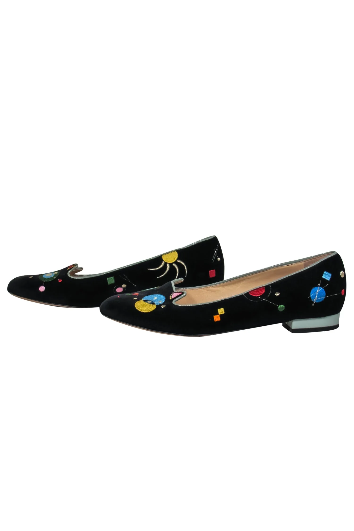 Charlotte Olympia - Black & Multicolor Geometric Embroidered Velvet Cat Loafers Sz 9
