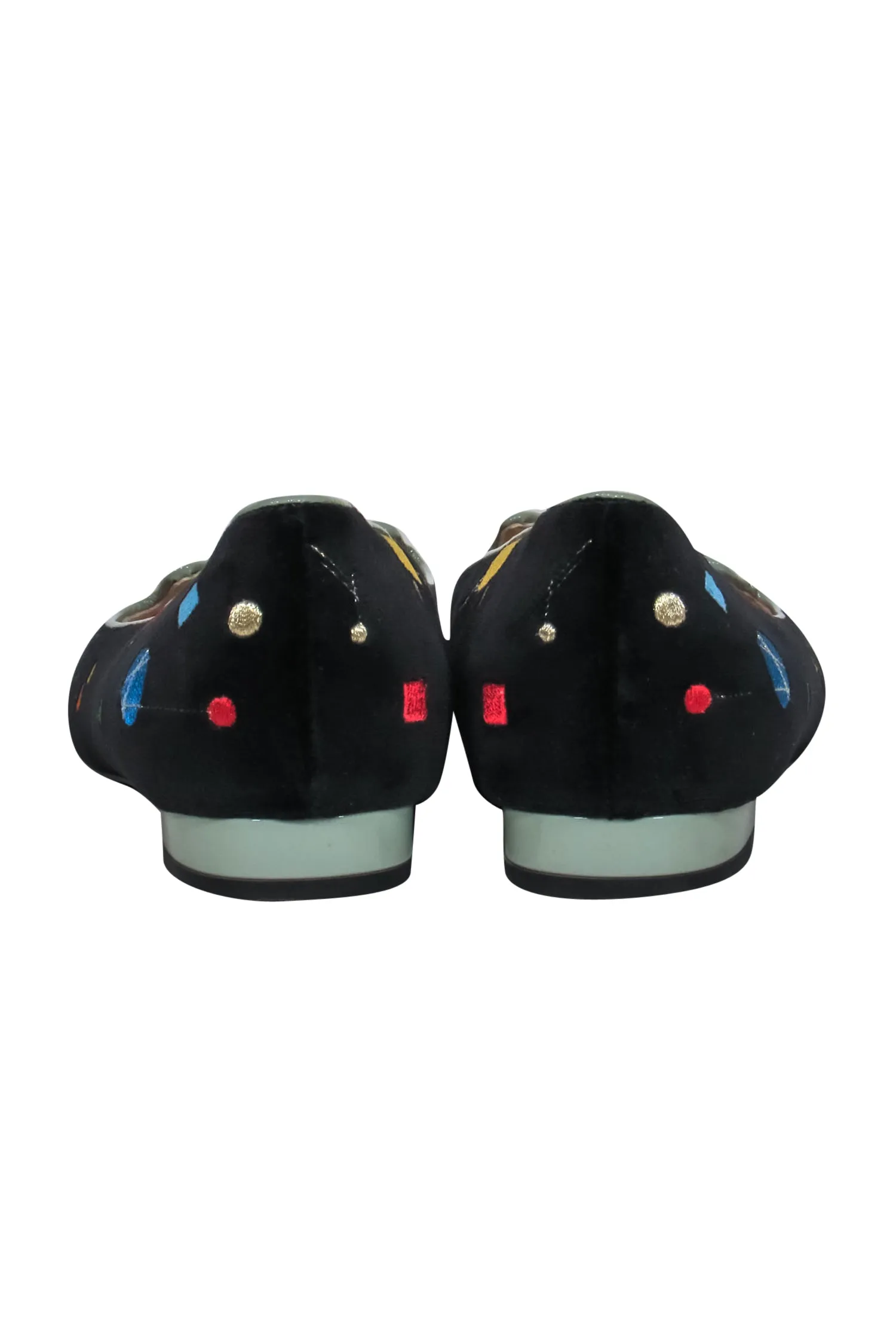 Charlotte Olympia - Black & Multicolor Geometric Embroidered Velvet Cat Loafers Sz 9