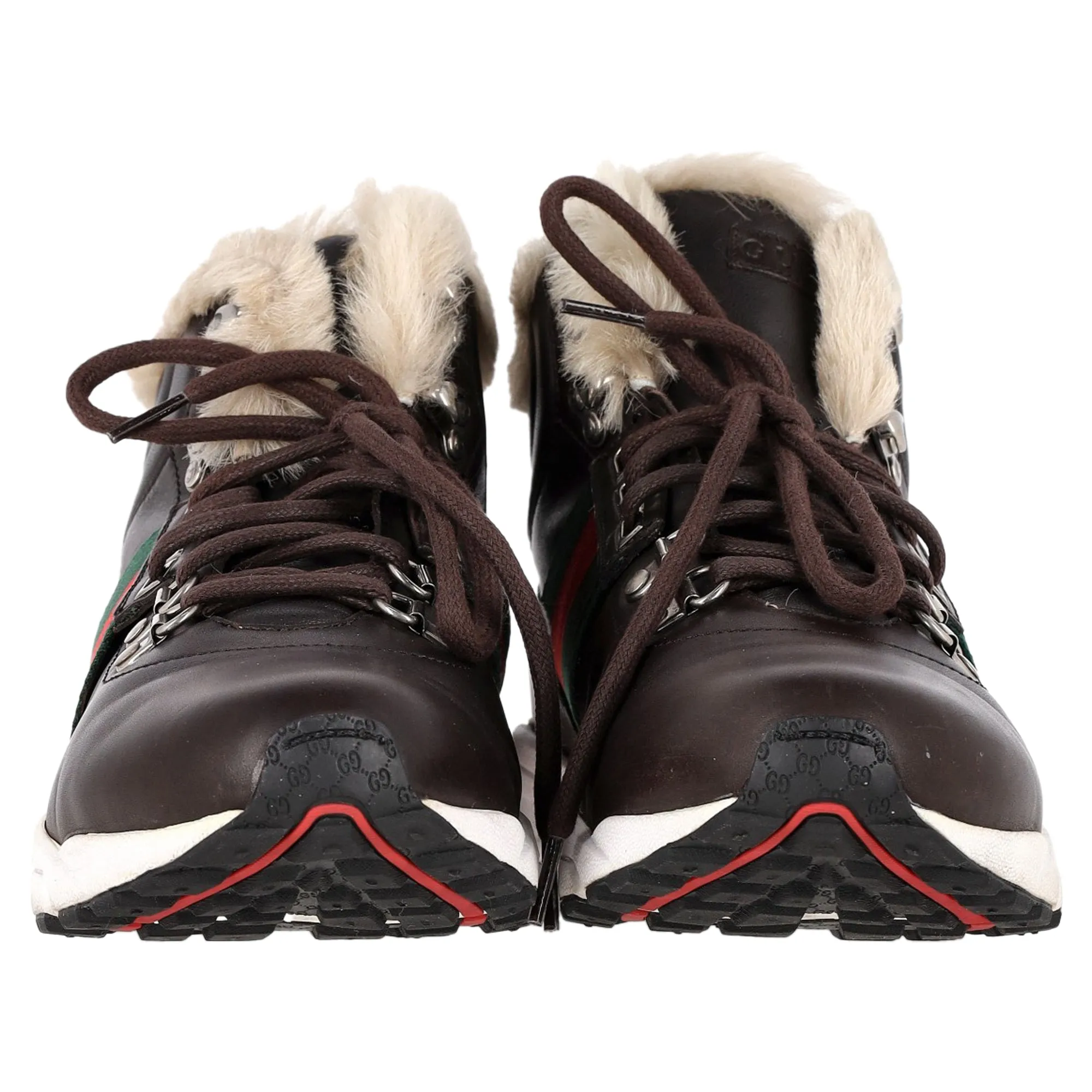 Gucci Web Detail Shearling Lined High Top Sneakers in Brown Leather