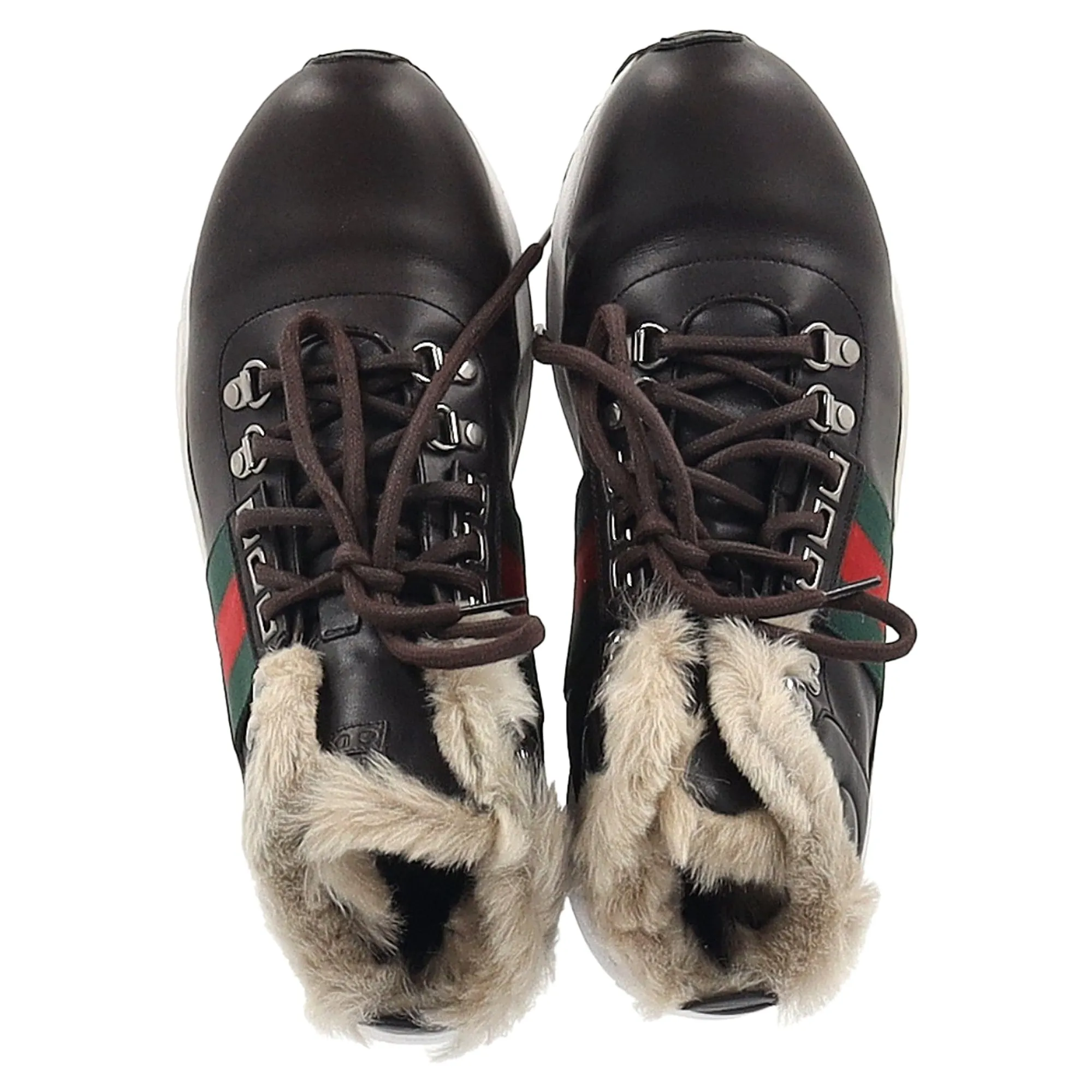 Gucci Web Detail Shearling Lined High Top Sneakers in Brown Leather