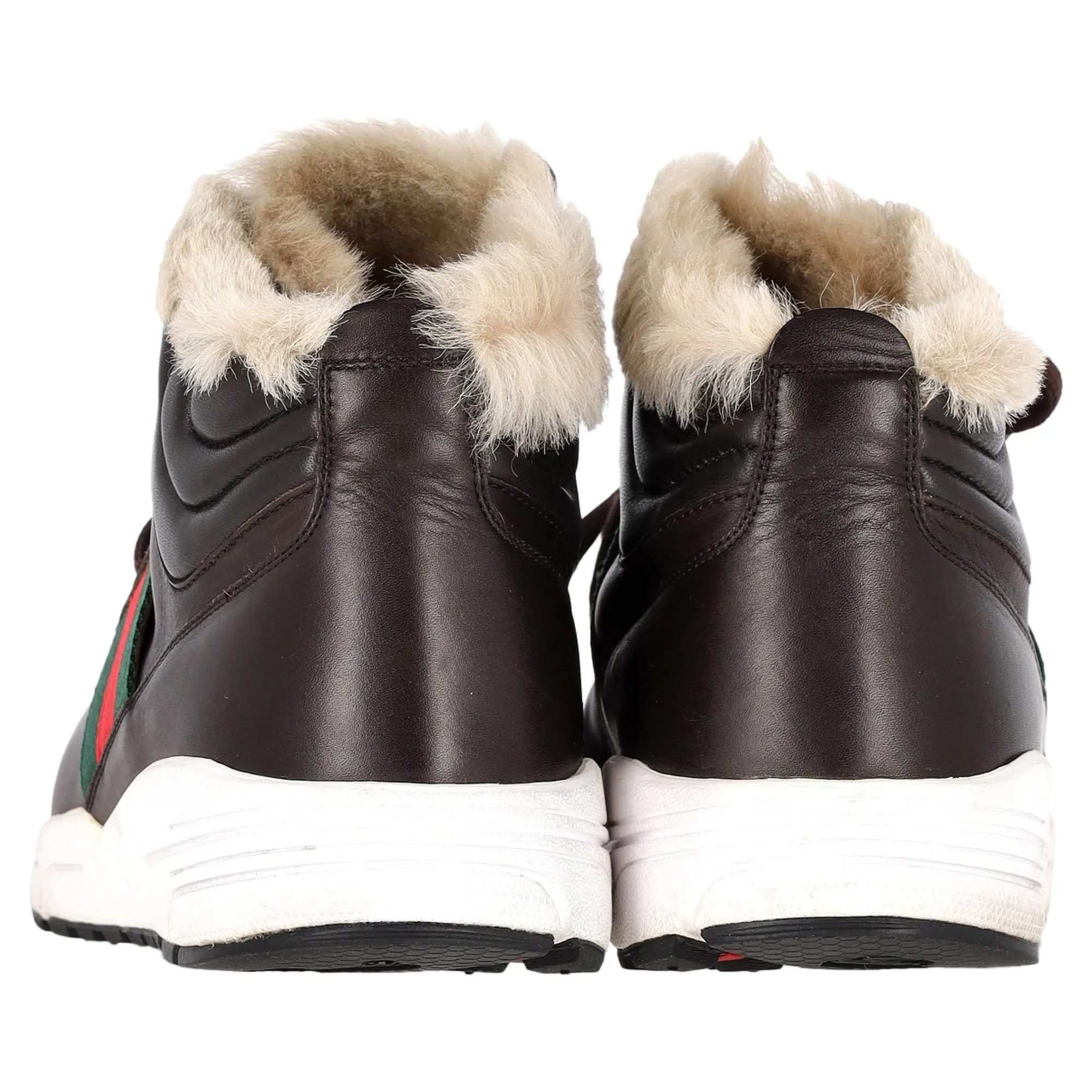 Gucci Web Detail Shearling Lined High Top Sneakers in Brown Leather