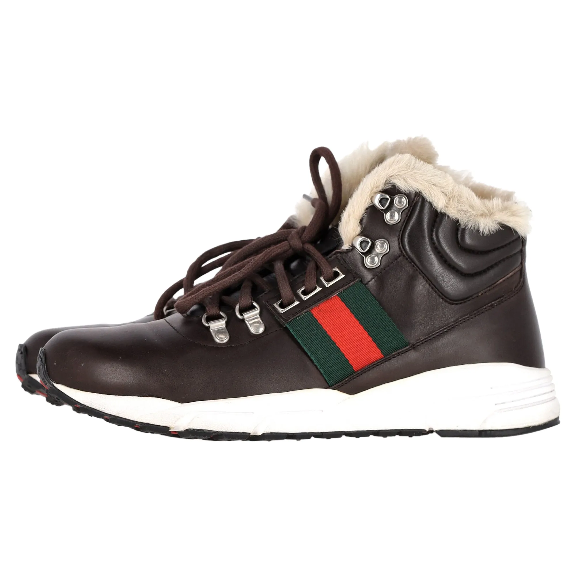Gucci Web Detail Shearling Lined High Top Sneakers in Brown Leather