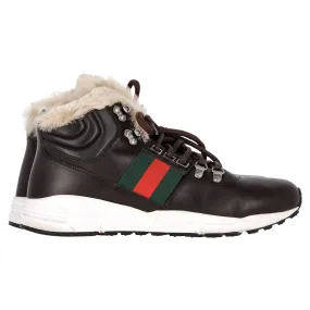 Gucci Web Detail Shearling Lined High Top Sneakers in Brown Leather