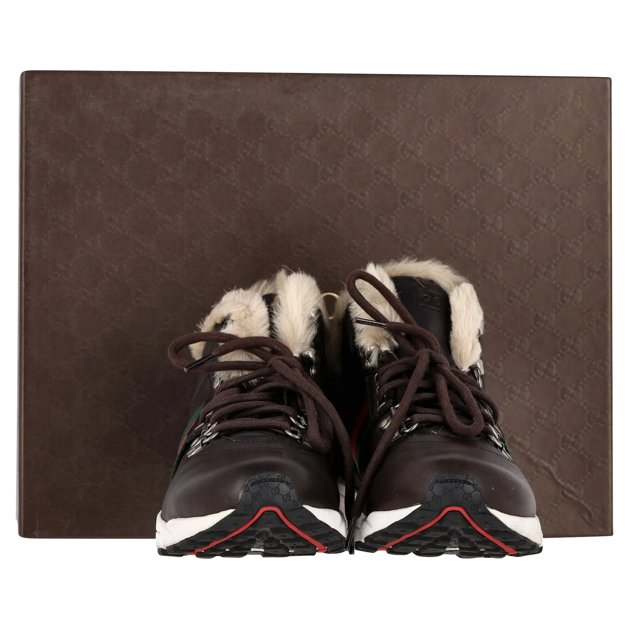Gucci Web Detail Shearling Lined High Top Sneakers in Brown Leather