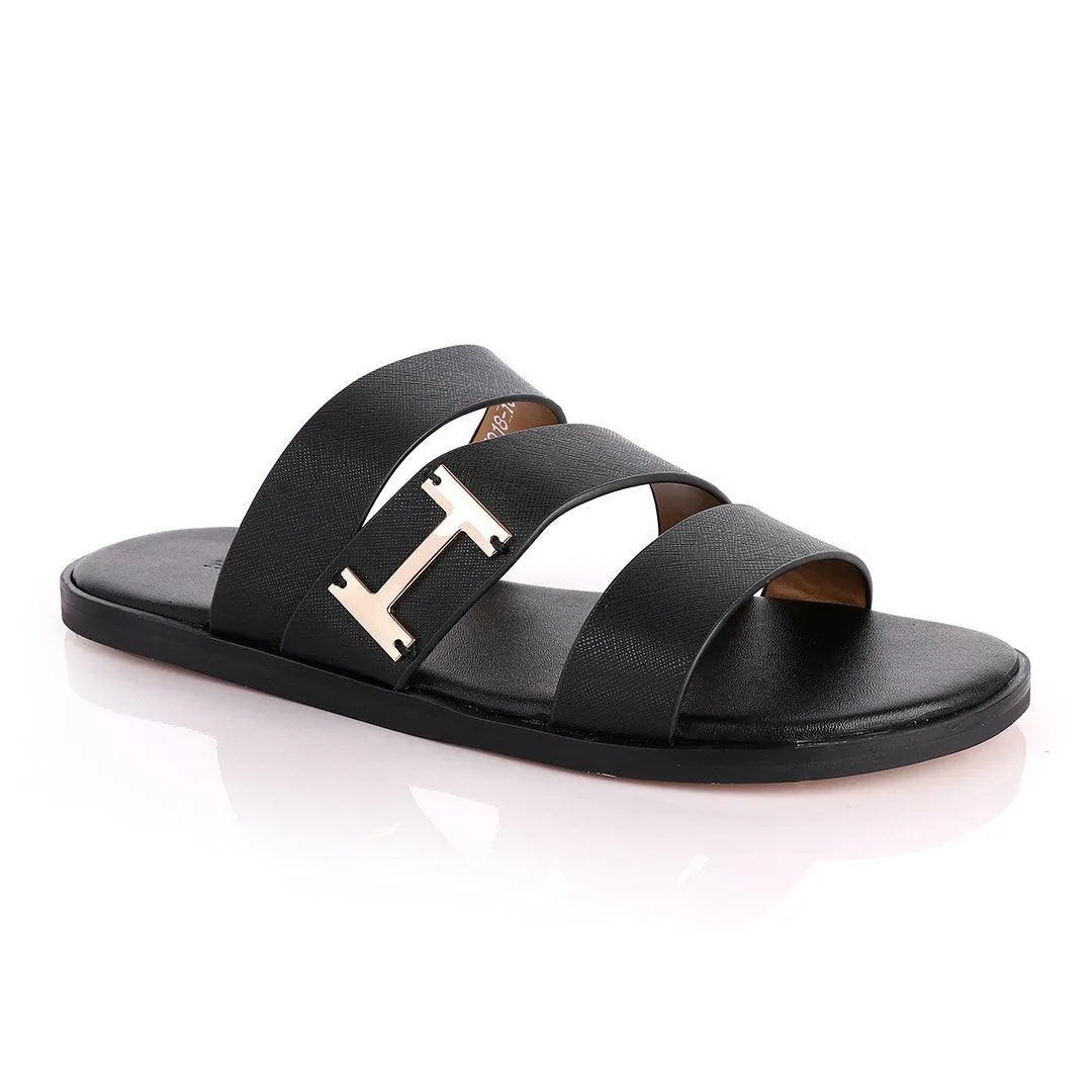 Hermes Paris 3 Strap With Logo Black Leather Slippers