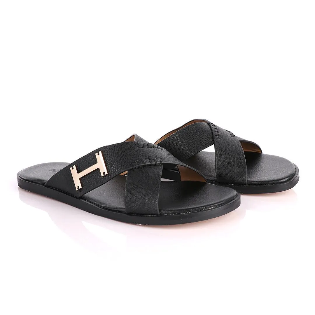 Hermes Paris Cross Strap Black Leather Slippers