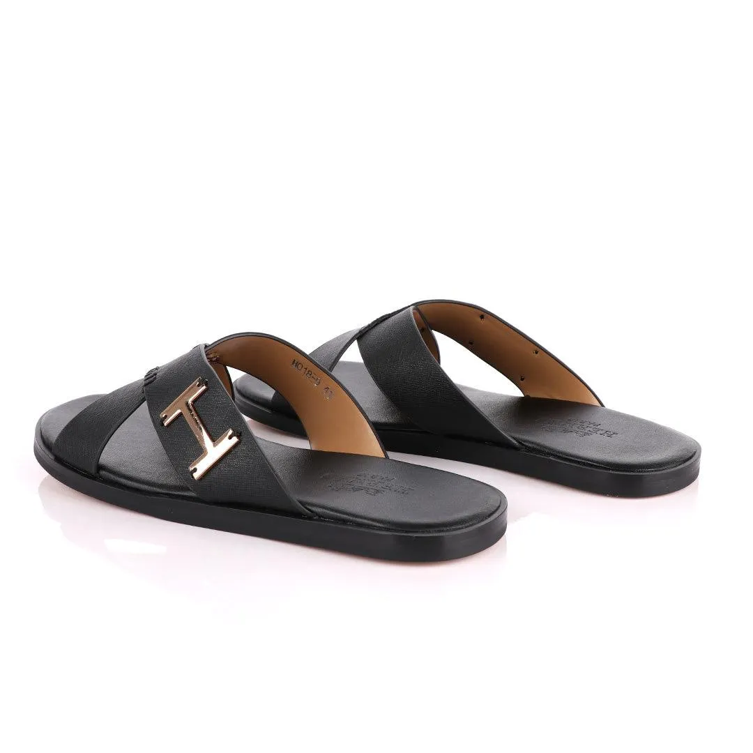 Hermes Paris Cross Strap Black Leather Slippers