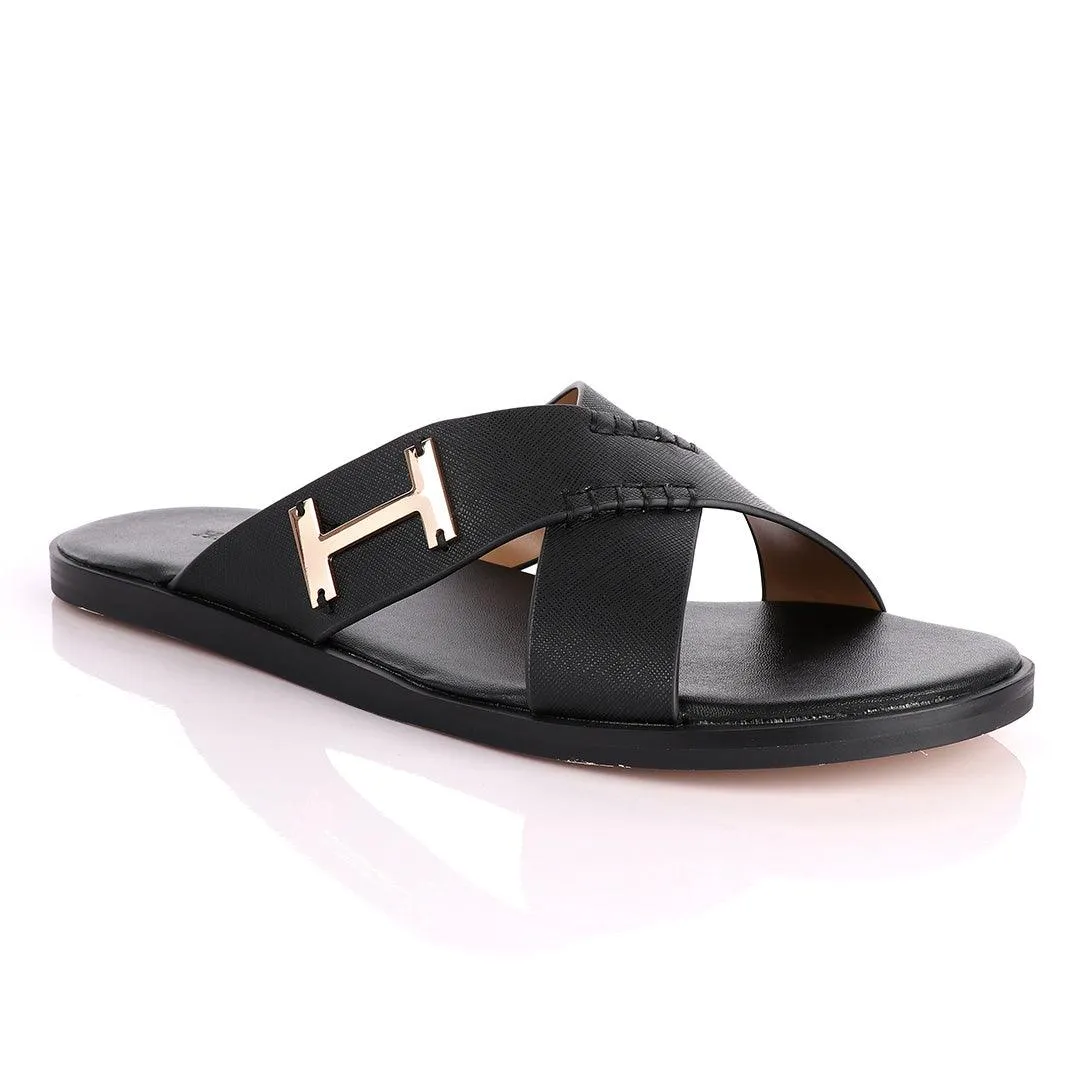 Hermes Paris Cross Strap Black Leather Slippers