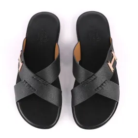 Hermes Paris Cross Strap Black Leather Slippers