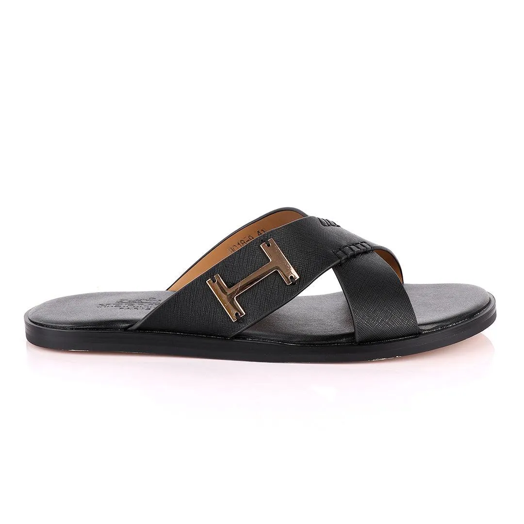 Hermes Paris Cross Strap Black Leather Slippers