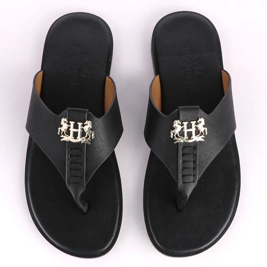 Hermes Paris With Logo Black Leather Slippers