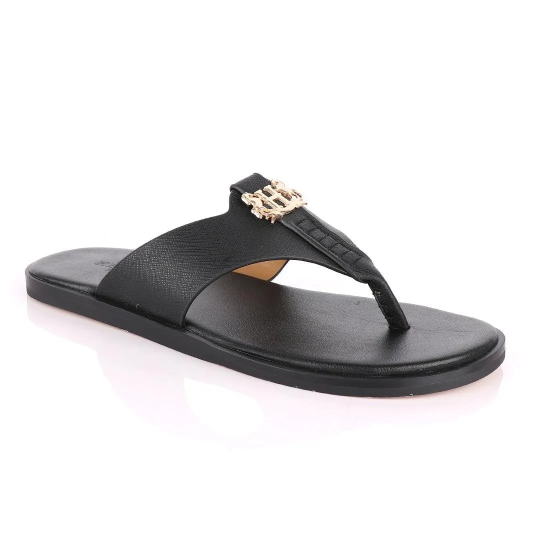 Hermes Paris With Logo Black Leather Slippers