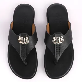 Hermes Paris With Logo Black Leather Slippers