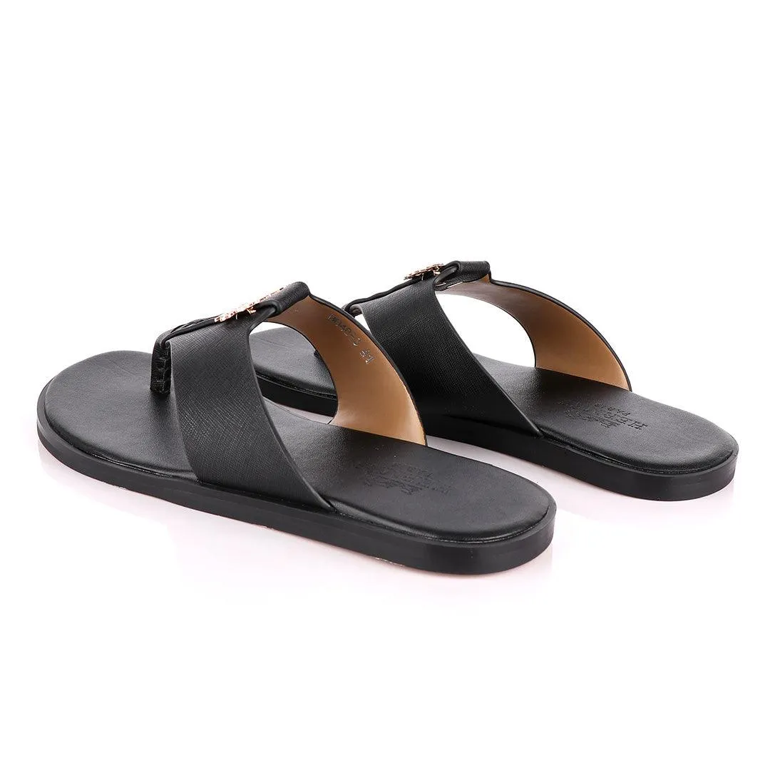 Hermes Paris With Logo Black Leather Slippers