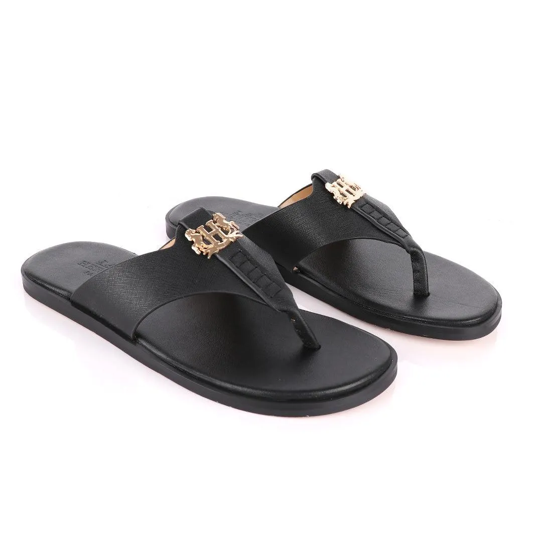 Hermes Paris With Logo Black Leather Slippers