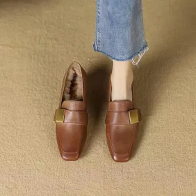 Ladies Plush Thick Heel Loafers Non-slip Casual Warm Leather Shoes