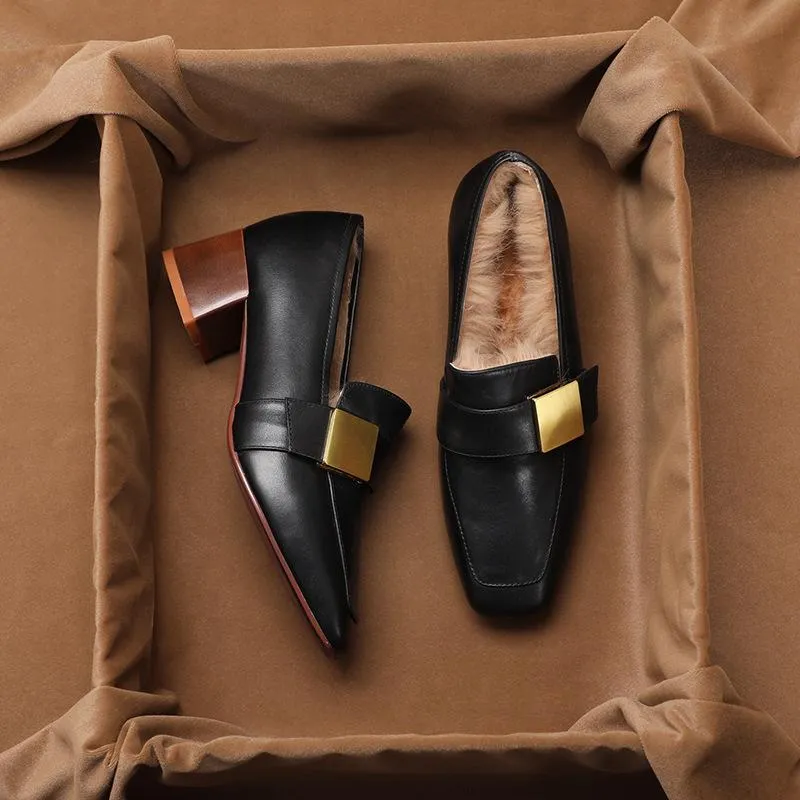 Ladies Plush Thick Heel Loafers Non-slip Casual Warm Leather Shoes