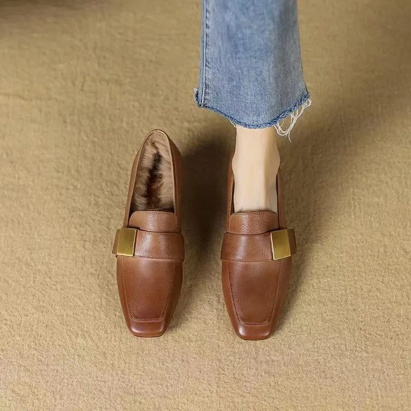 Ladies Plush Thick Heel Loafers Non-slip Casual Warm Leather Shoes