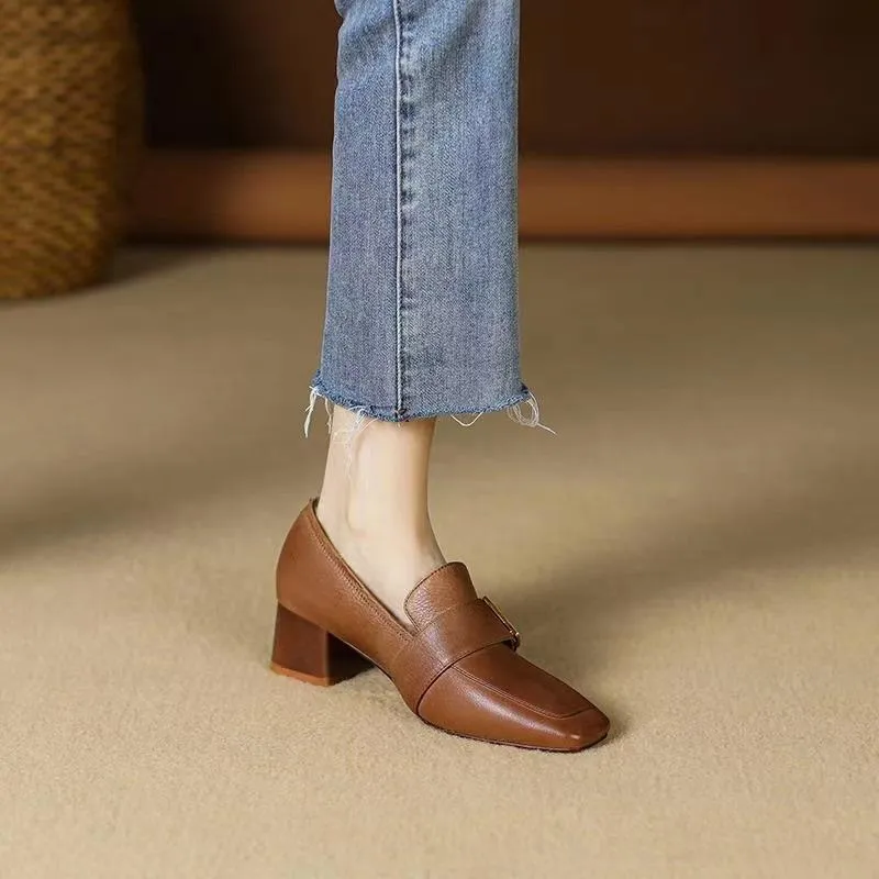 Ladies Plush Thick Heel Loafers Non-slip Casual Warm Leather Shoes