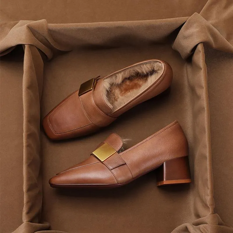 Ladies Plush Thick Heel Loafers Non-slip Casual Warm Leather Shoes