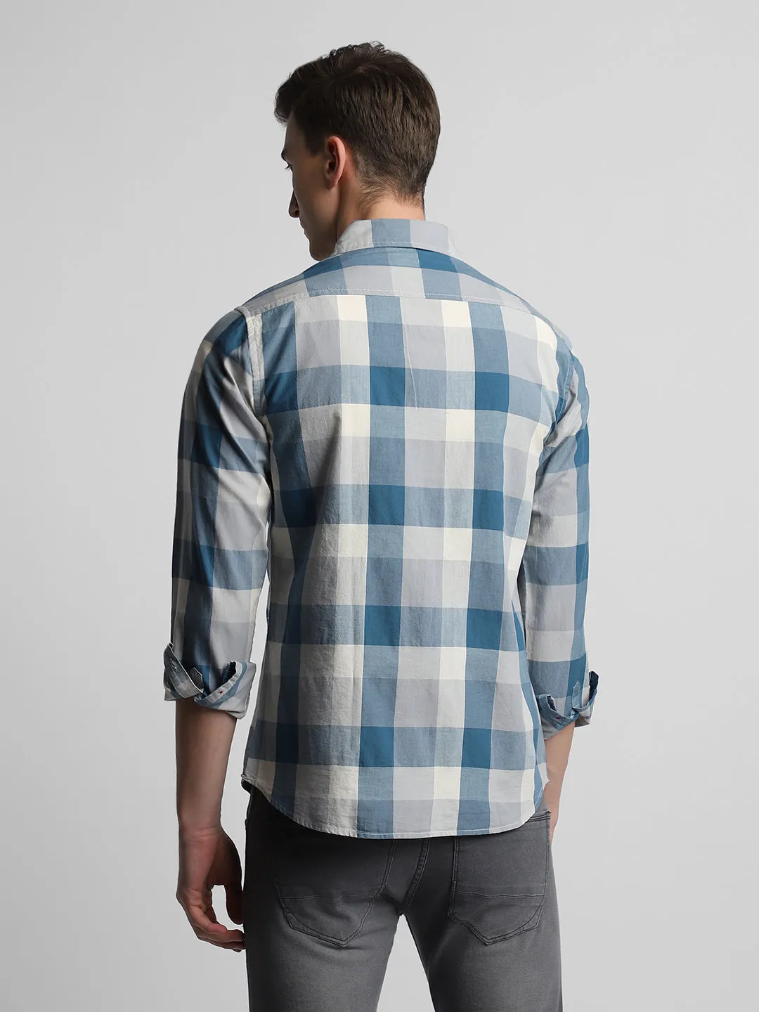 Men's Button Down Collar Slim Fit Checks Blue Casual Shirts