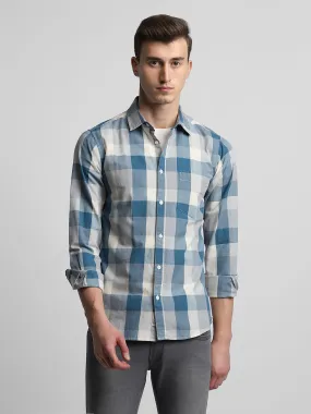 Men's Button Down Collar Slim Fit Checks Blue Casual Shirts