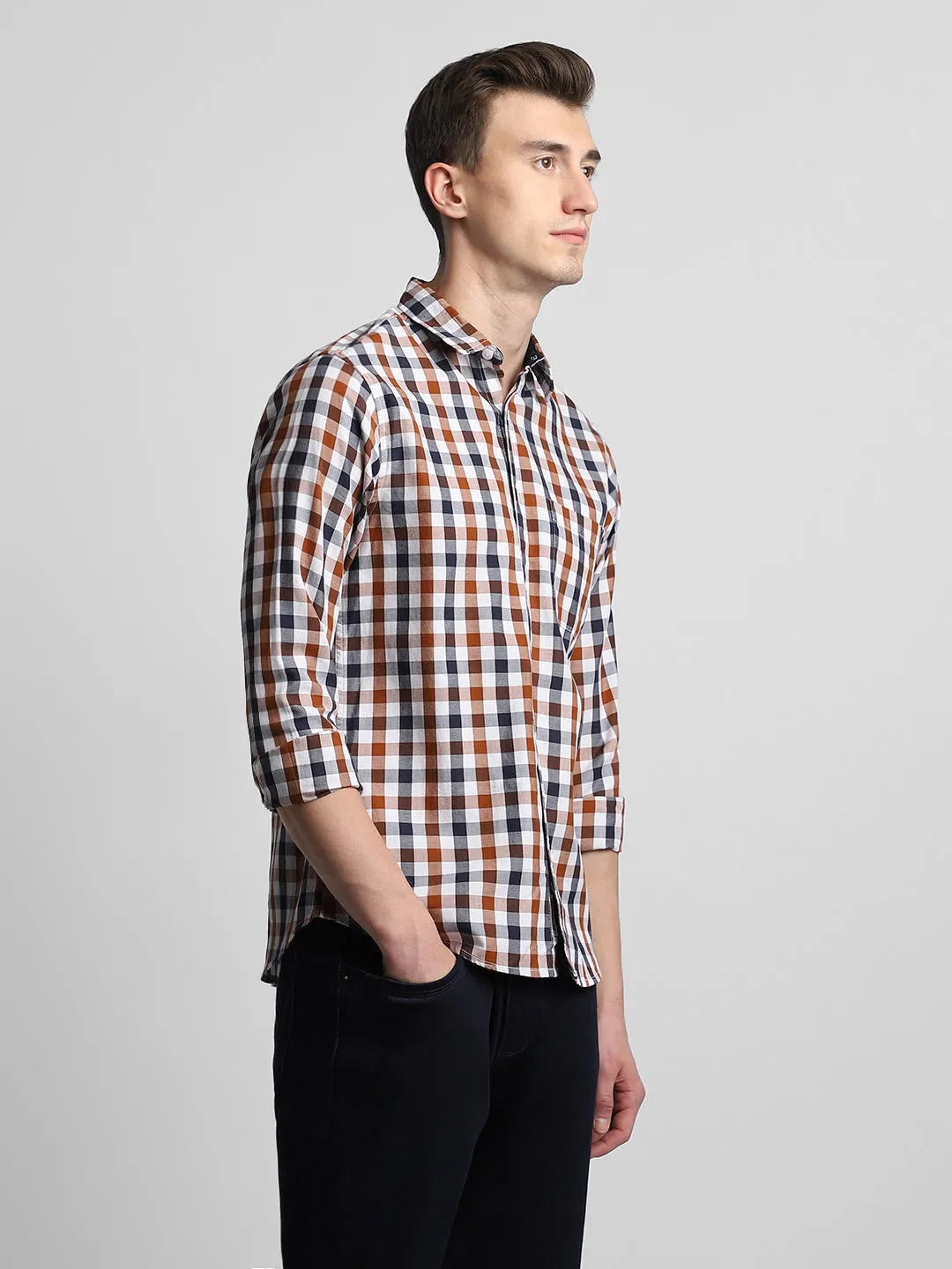 Men's Button Down Collar Slim Fit Checks Multicolour Casual Shirts