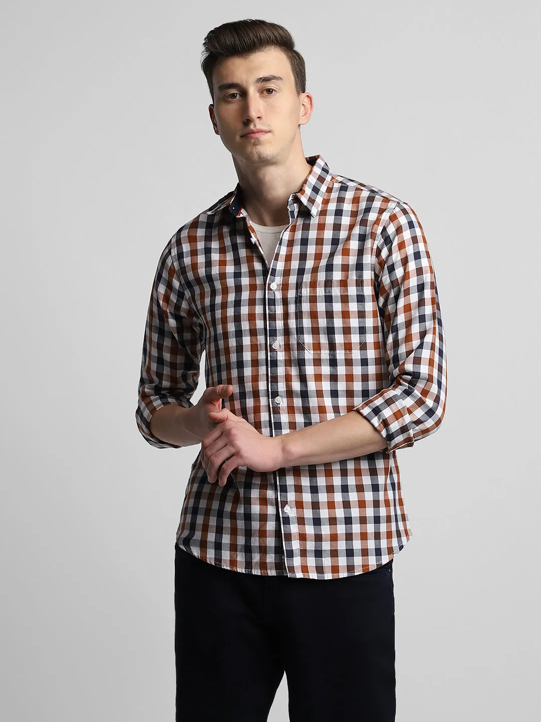Men's Button Down Collar Slim Fit Checks Multicolour Casual Shirts
