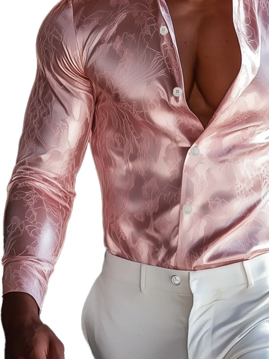 Men's Elegant Pink Satin Long Sleeve Shirt