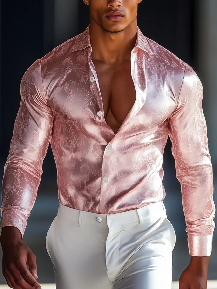 Men's Elegant Pink Satin Long Sleeve Shirt