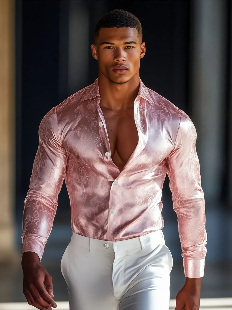 Men's Elegant Pink Satin Long Sleeve Shirt
