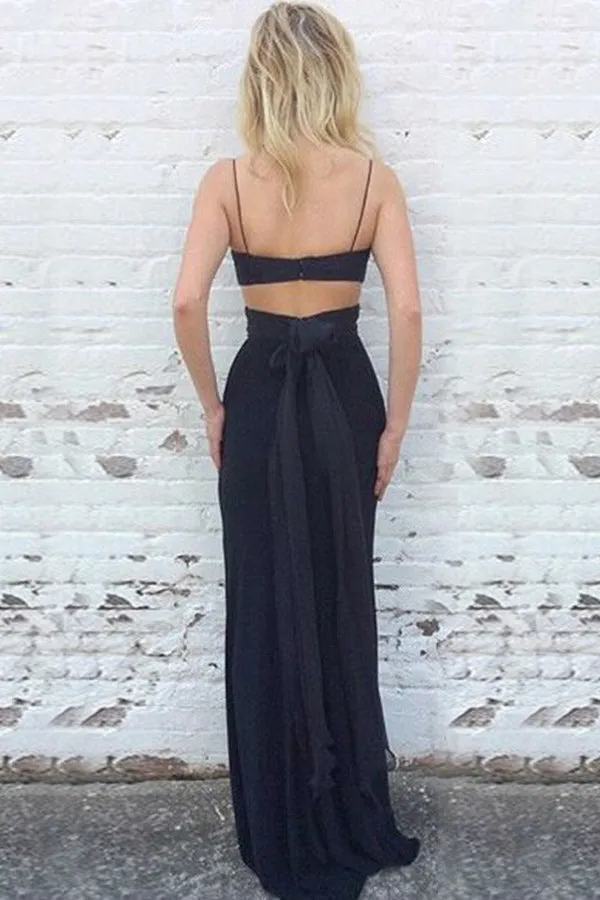 Mermaid Spaghetti Straps Floor-Length Black Chiffon Keyhole Open Back Prom Dress LR285