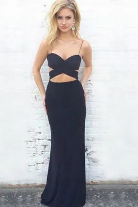Mermaid Spaghetti Straps Floor-Length Black Chiffon Keyhole Open Back Prom Dress LR285