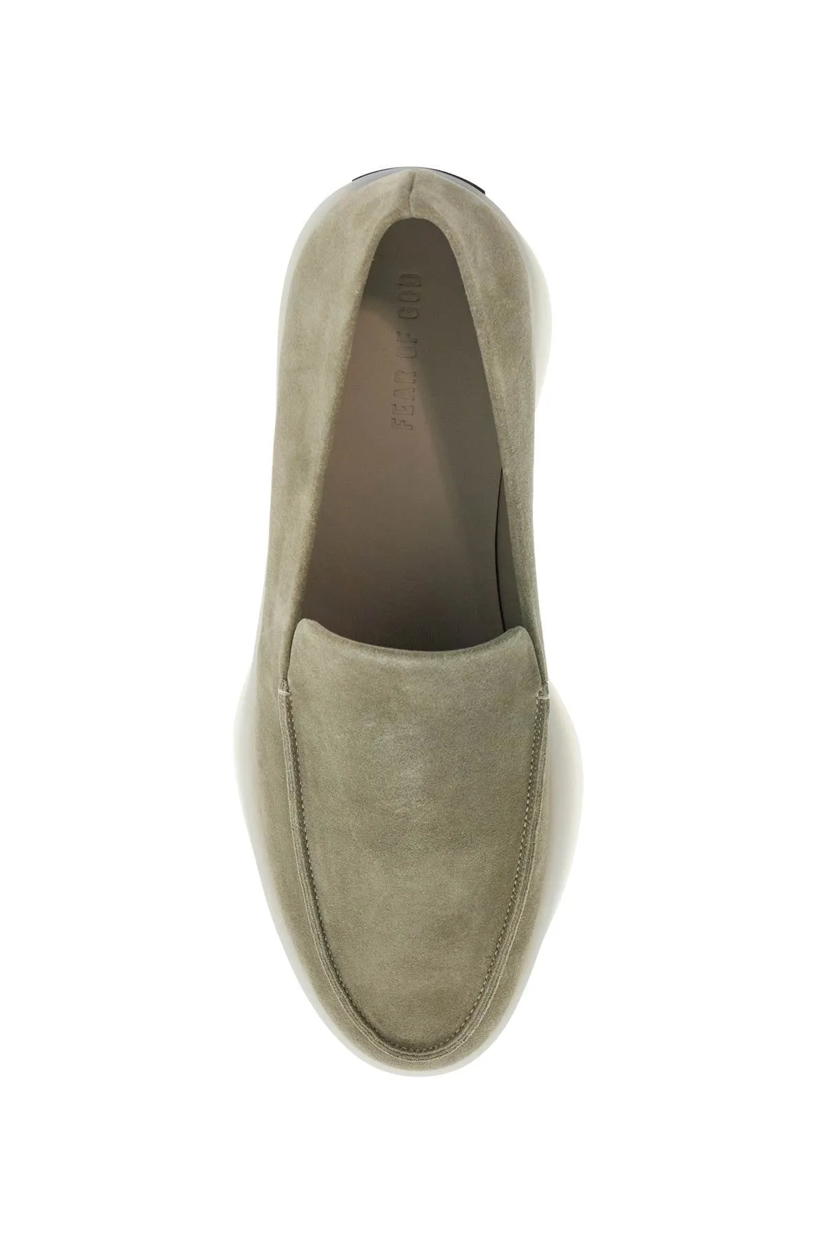 minimalist suede loafer in sage green with rubber sole