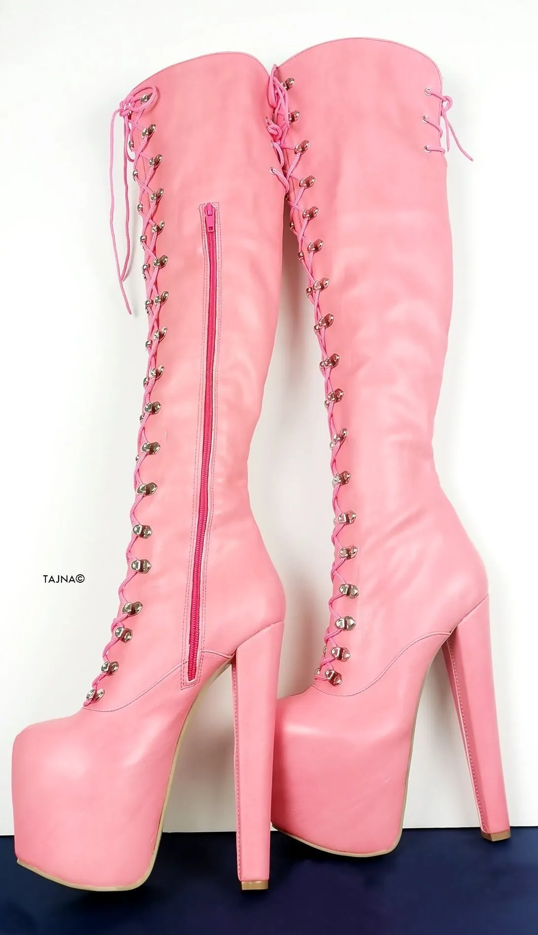 Pink Strech Over Knee Military High Heel Boots