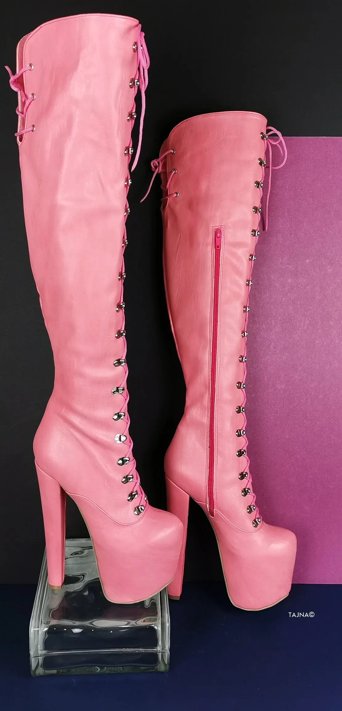 Pink Strech Over Knee Military High Heel Boots
