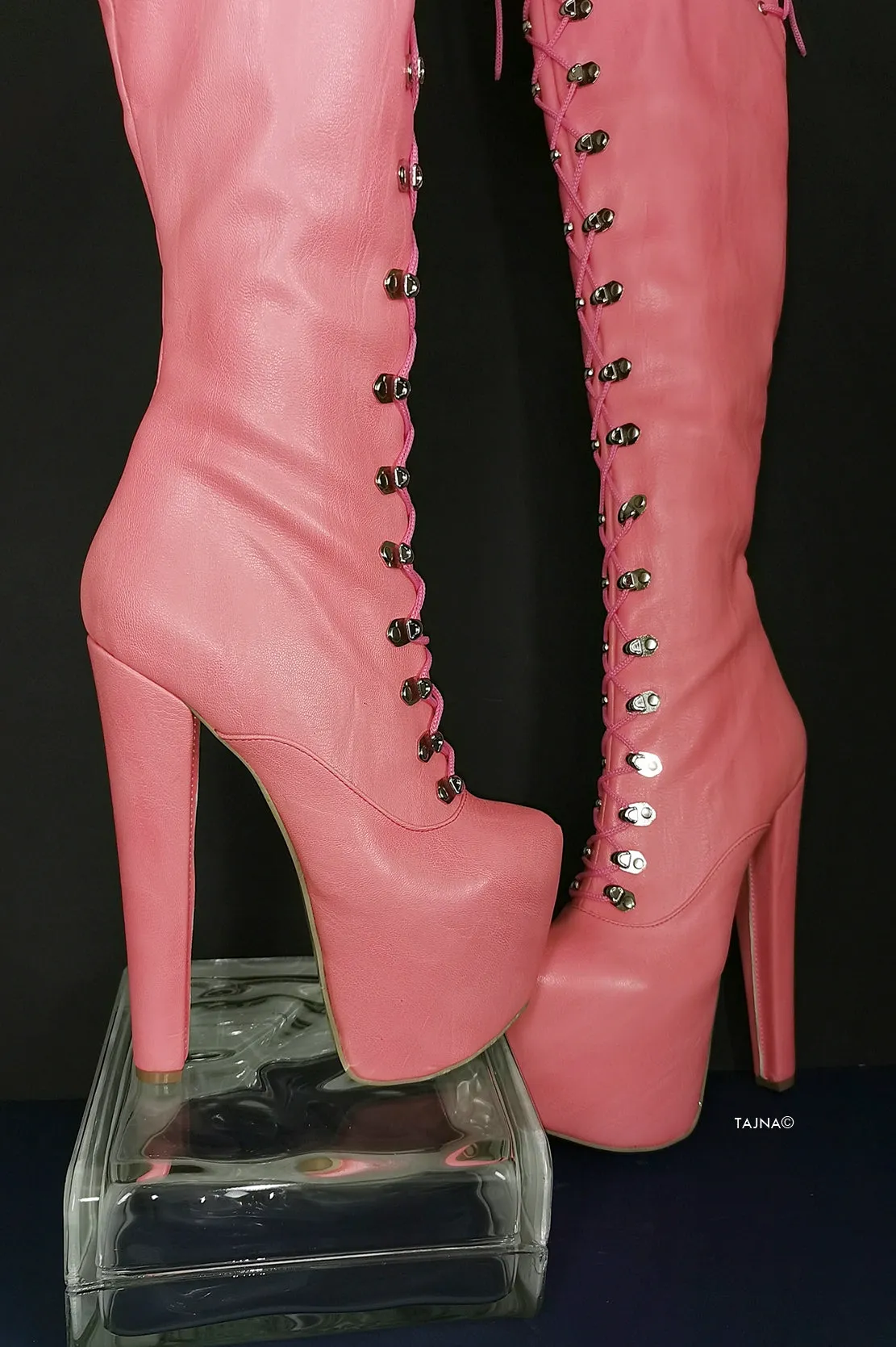 Pink Strech Over Knee Military High Heel Boots