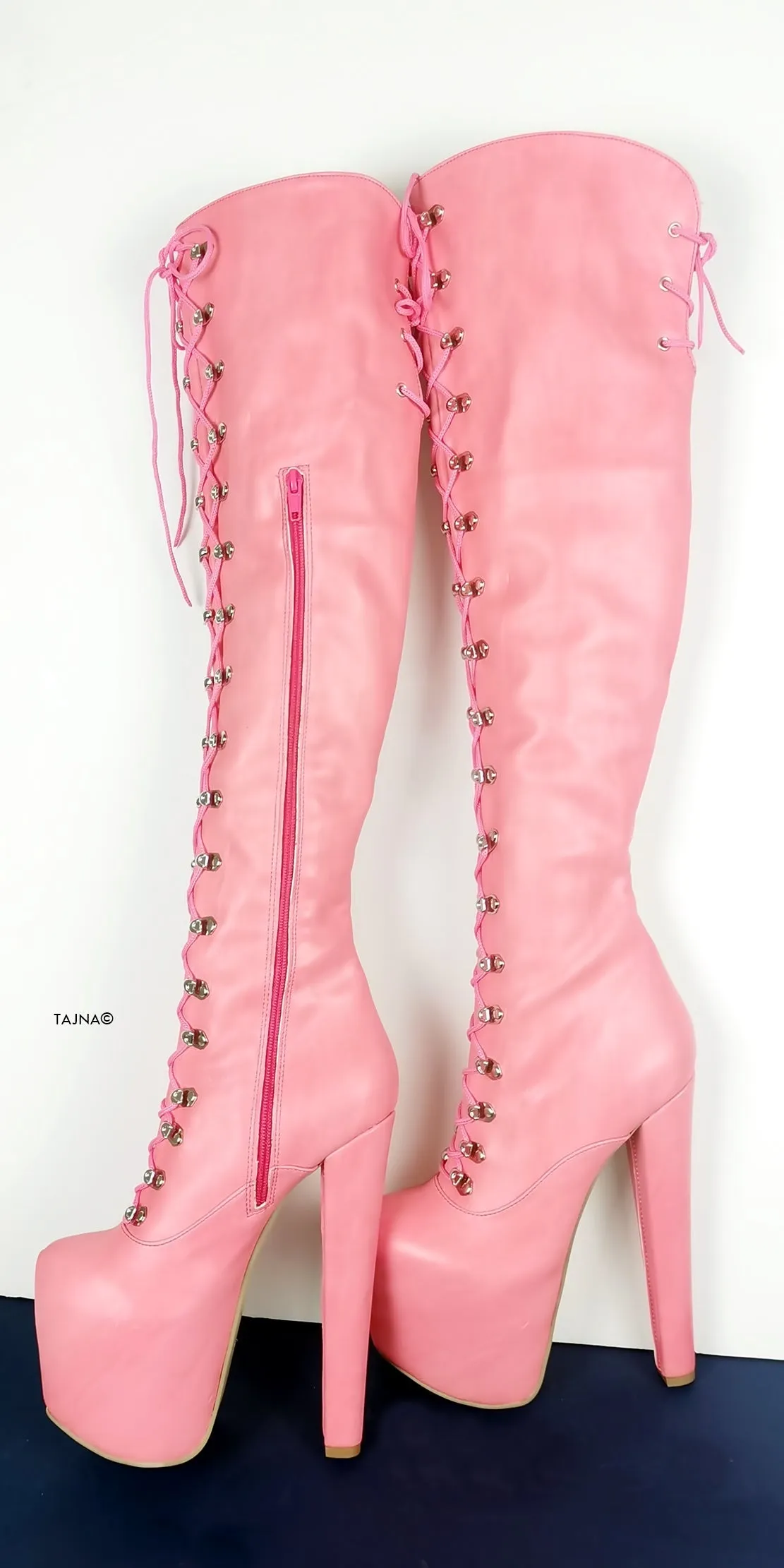 Pink Strech Over Knee Military High Heel Boots