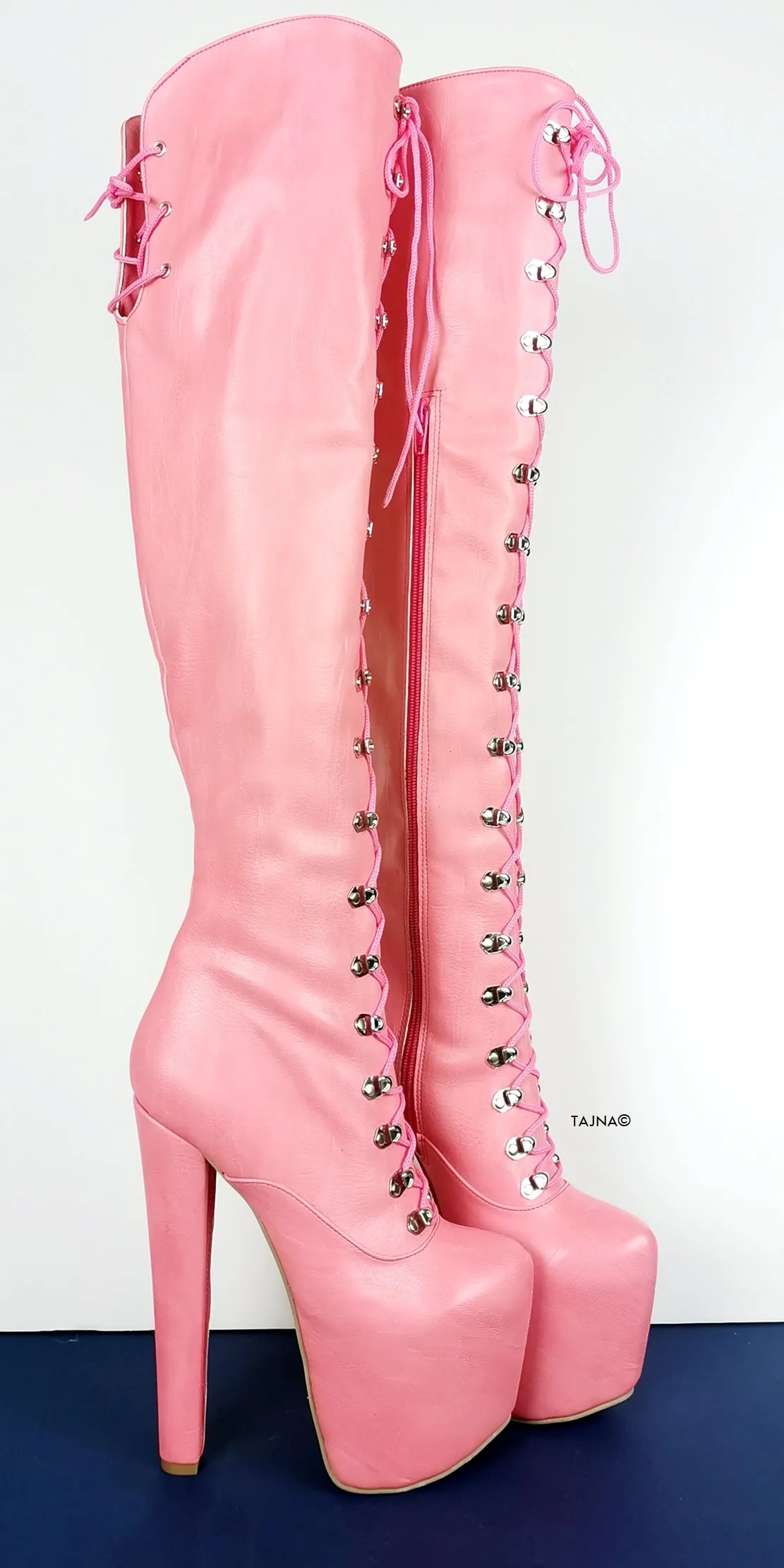 Pink Strech Over Knee Military High Heel Boots