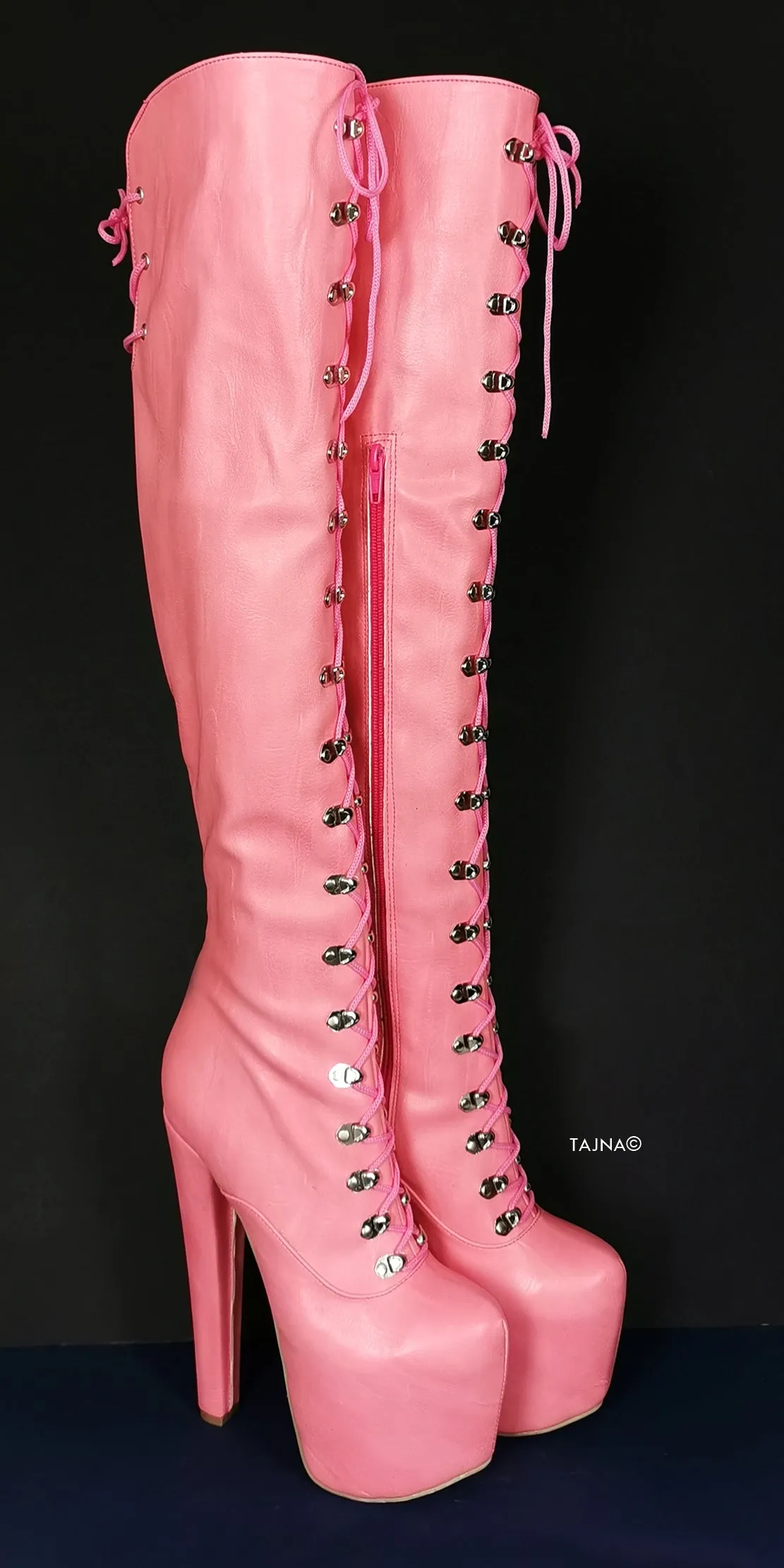 Pink Strech Over Knee Military High Heel Boots