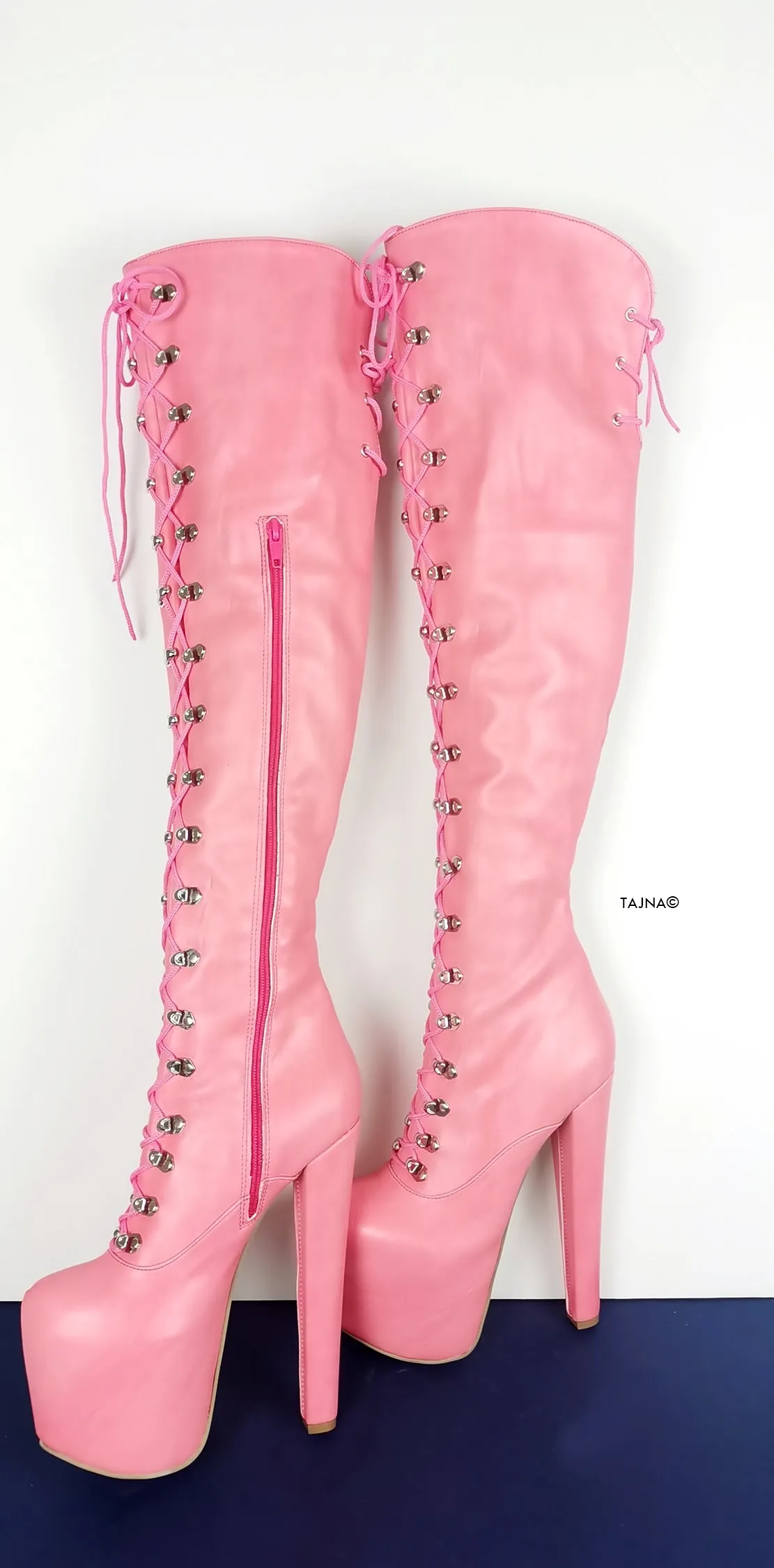 Pink Strech Over Knee Military High Heel Boots