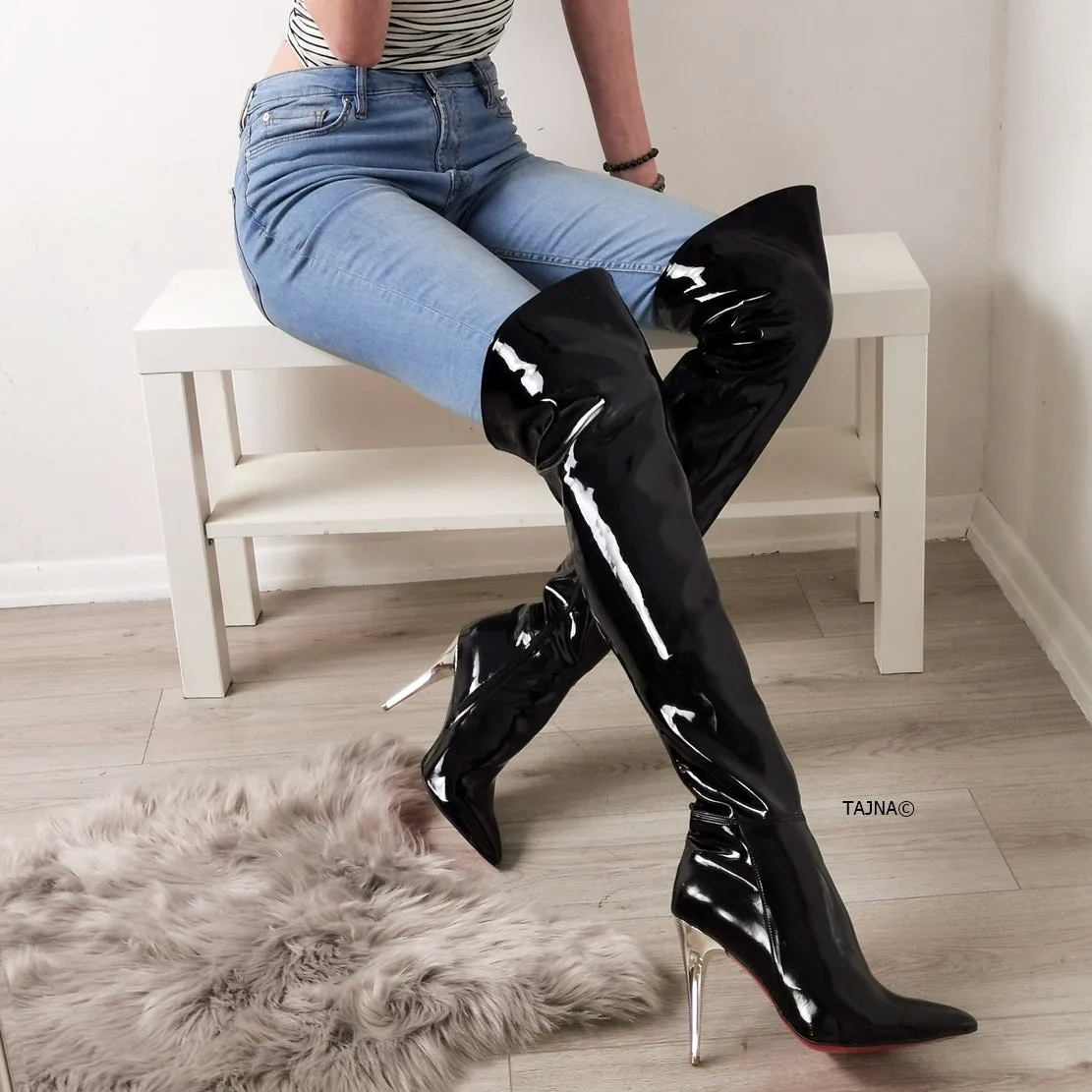 Pointy Nose Black Patent Knee High Boots