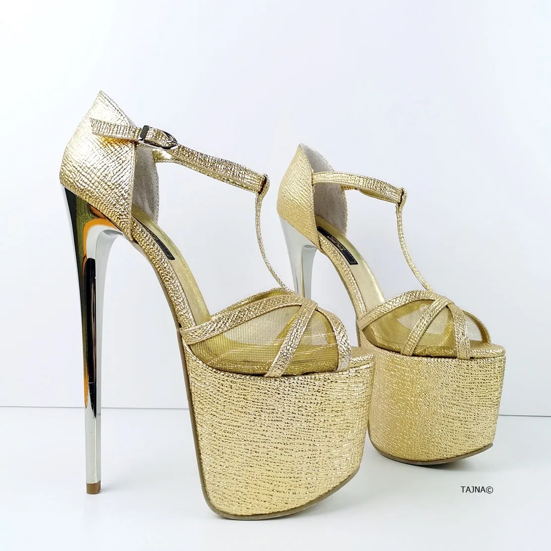 Romantic T-Strap Golden Heels