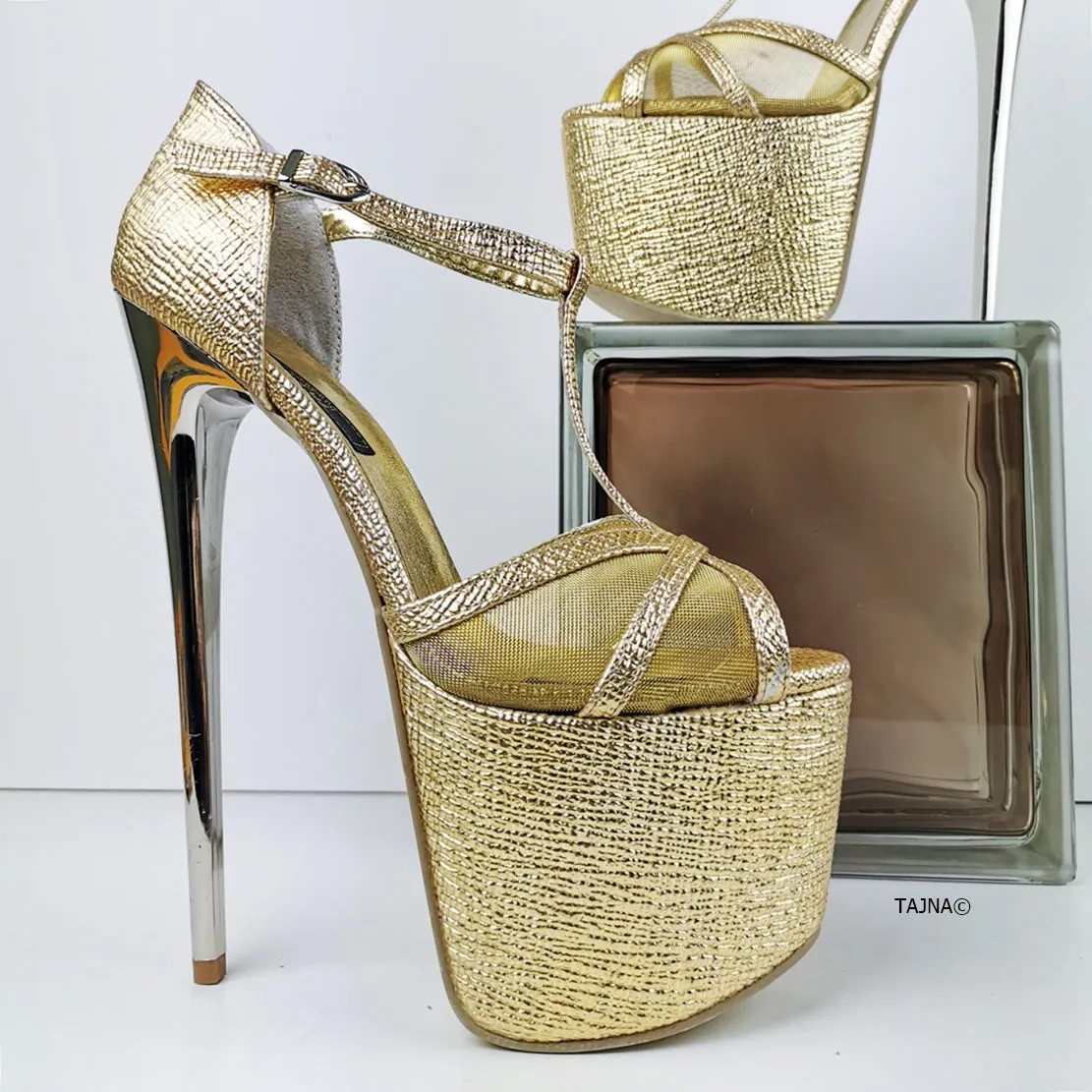 Romantic T-Strap Golden Heels