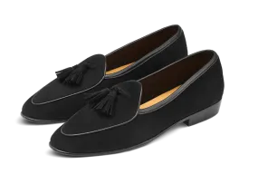 Sagan Classic Tassel Loafers in Obsidian Black Asteria Suede with Leather Sole