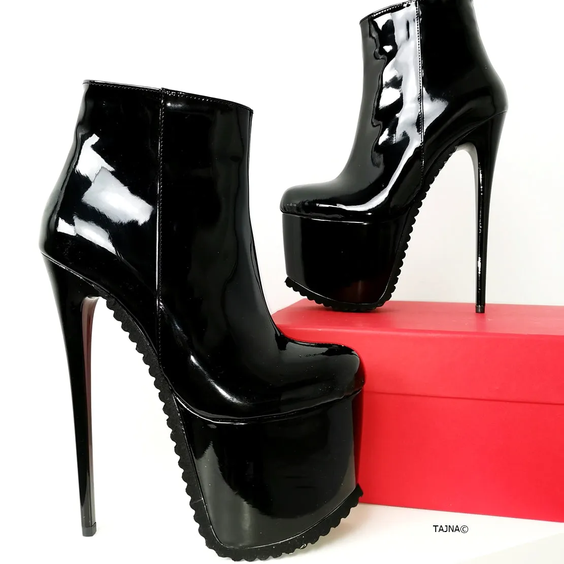 Serrated Sole Black Patent Booties