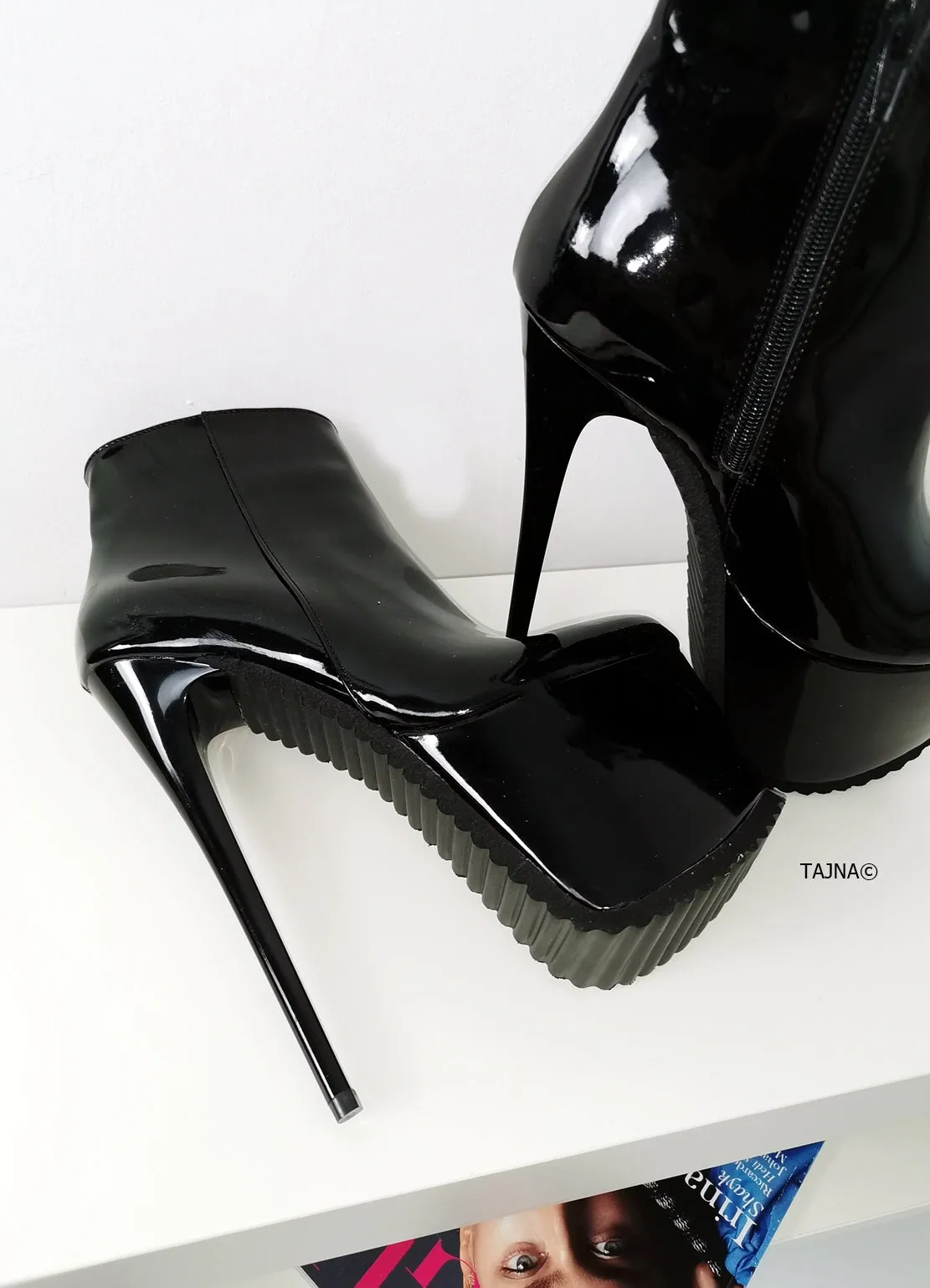 Serrated Sole Black Patent Booties